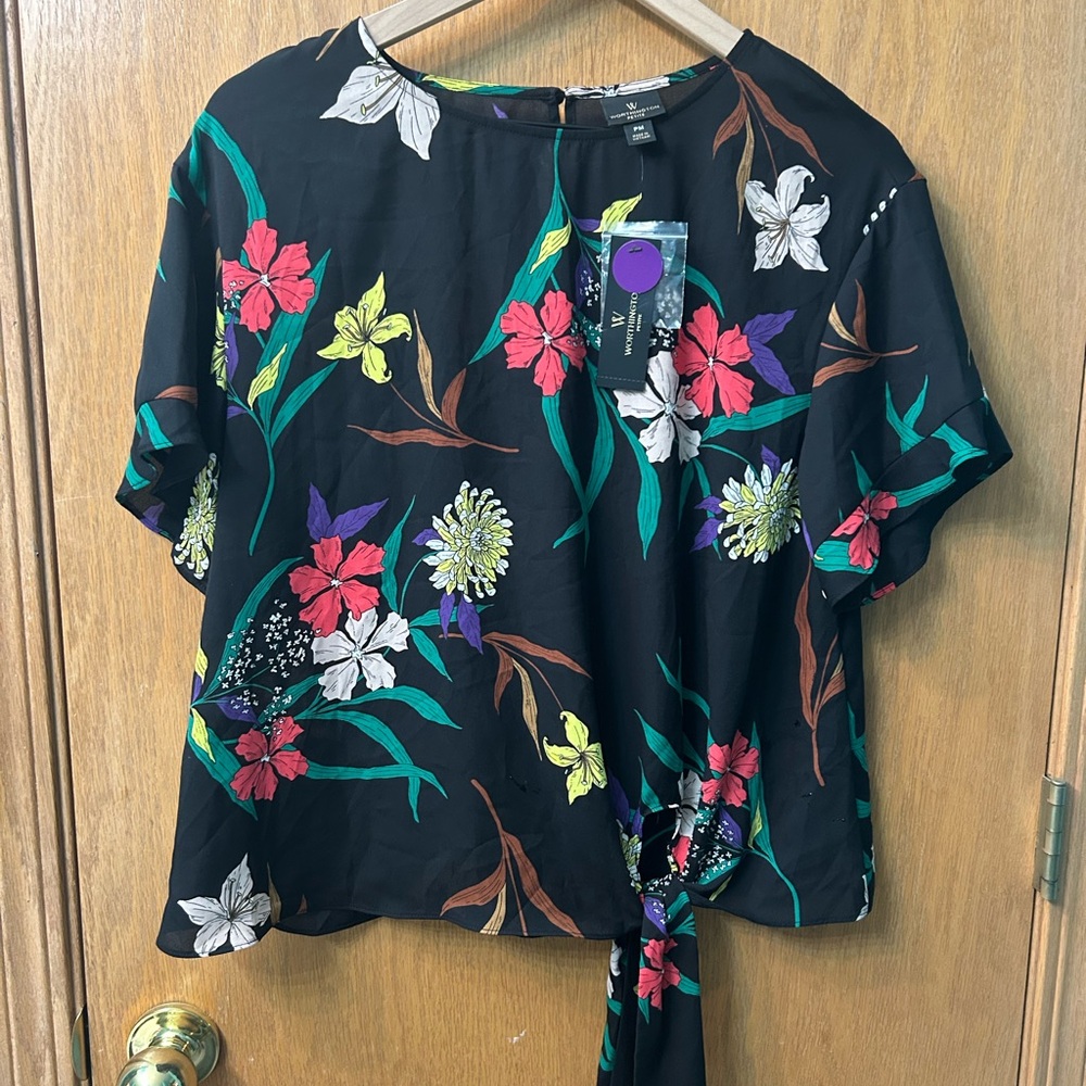 Worthington Black Short Sleeve Tie Front Relaxed Blouse